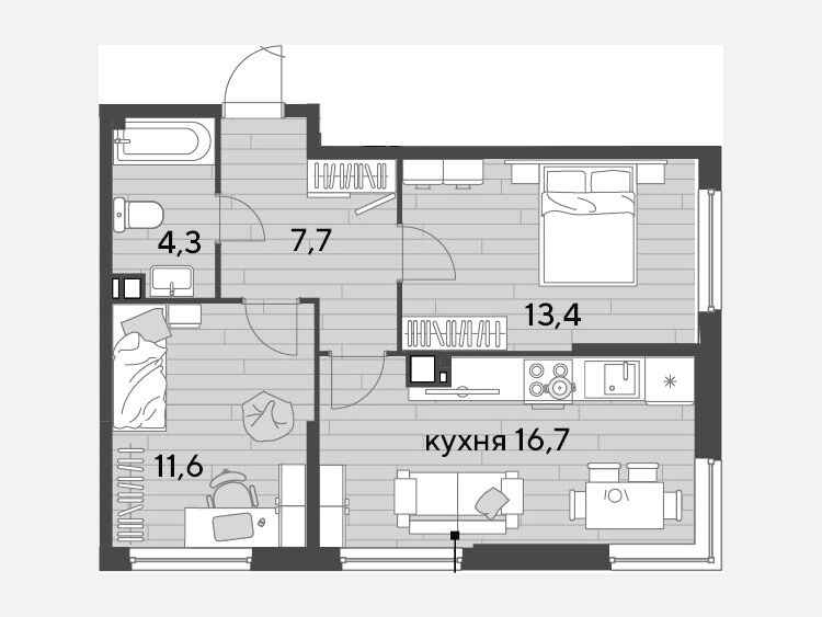 3-комнатная квартира, 53.70 м², 7/16 этаж фото 0