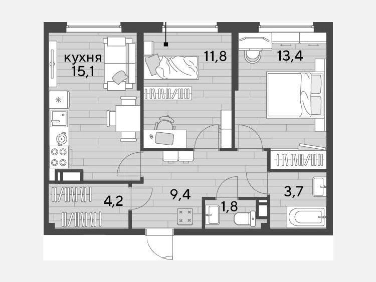 3-комнатная квартира, 59.40 м², 12/16 этаж фото 0
