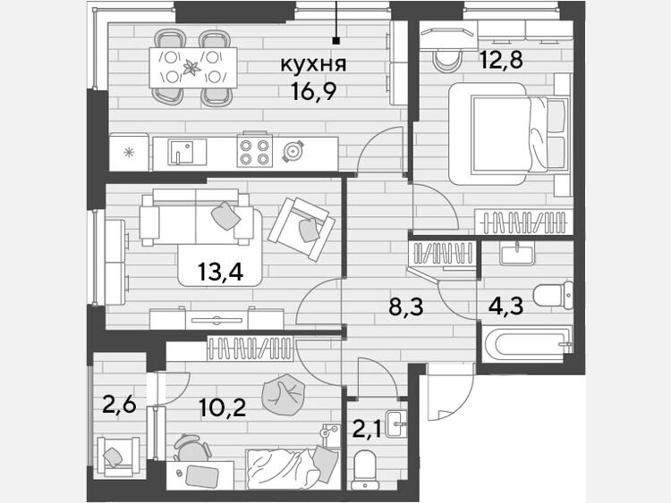 4-комнатная квартира, 68 м², 2/16 этаж фото 0