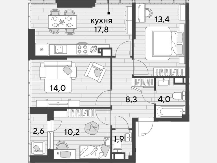 4-комнатная квартира, 69.50 м², 16/16 этаж фото 0