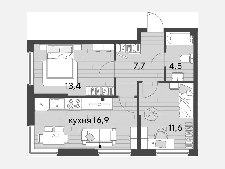 3-комнатная квартира, 54.10 м², 2/16 этаж фото 0