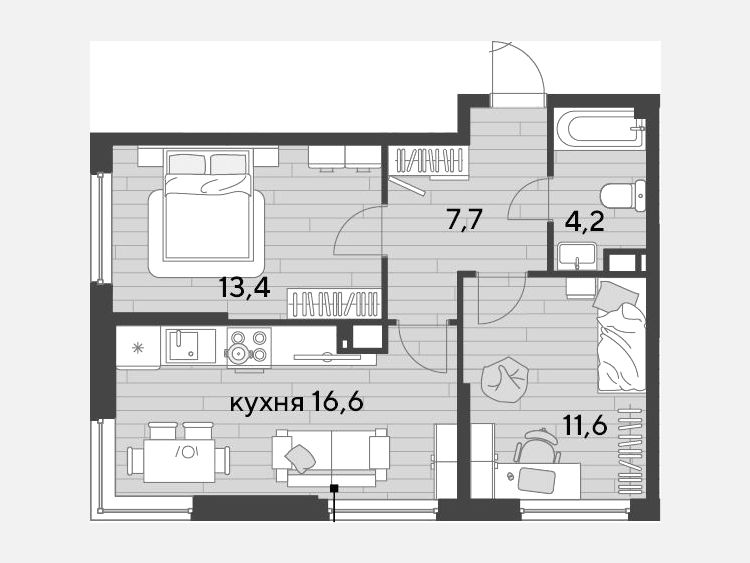 3-комнатная квартира, 53.50 м², 12/16 этаж фото 0