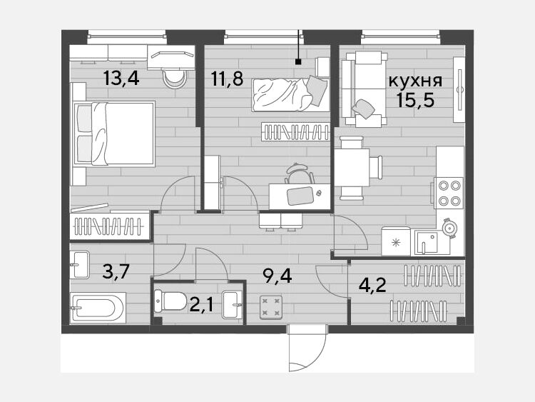 3-комнатная квартира, 60.10 м², 2/16 этаж фото 0