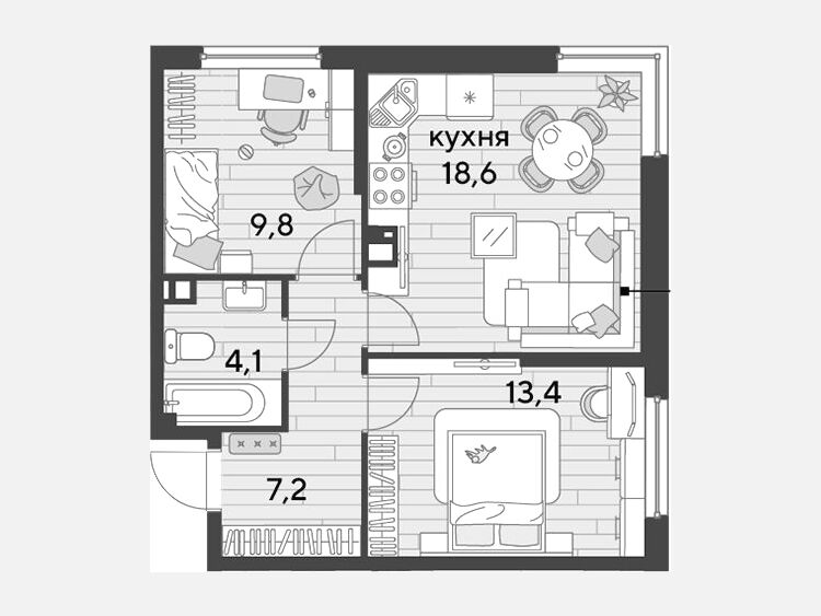3-комнатная квартира, 53.10 м², 6/16 этаж фото 0