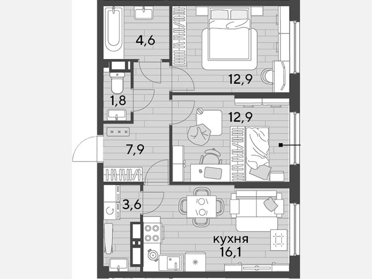 3-комнатная квартира, 59.80 м², 13/16 этаж фото 0