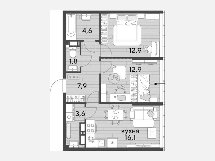 3-комнатная квартира, 59.80 м², 16/16 этаж фото 0