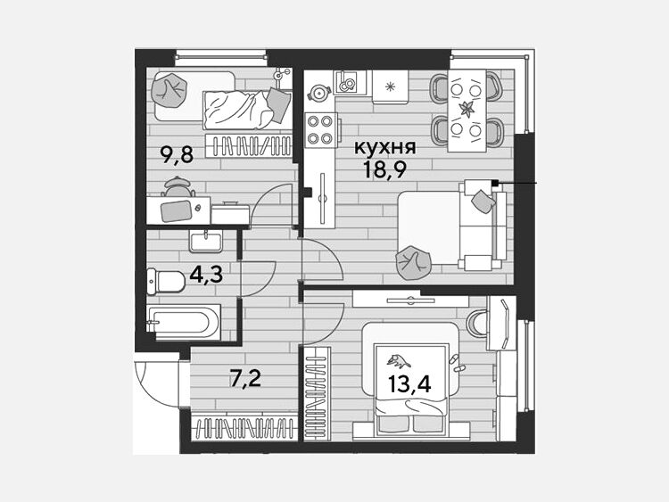 3-комнатная квартира, 53.60 м², 2/19 этаж фото 0