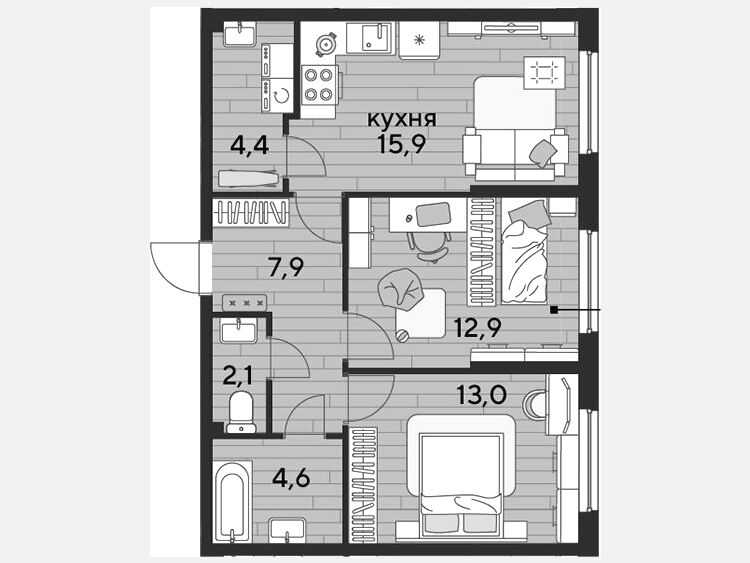 3-комнатная квартира, 60.80 м², 2/19 этаж фото 0