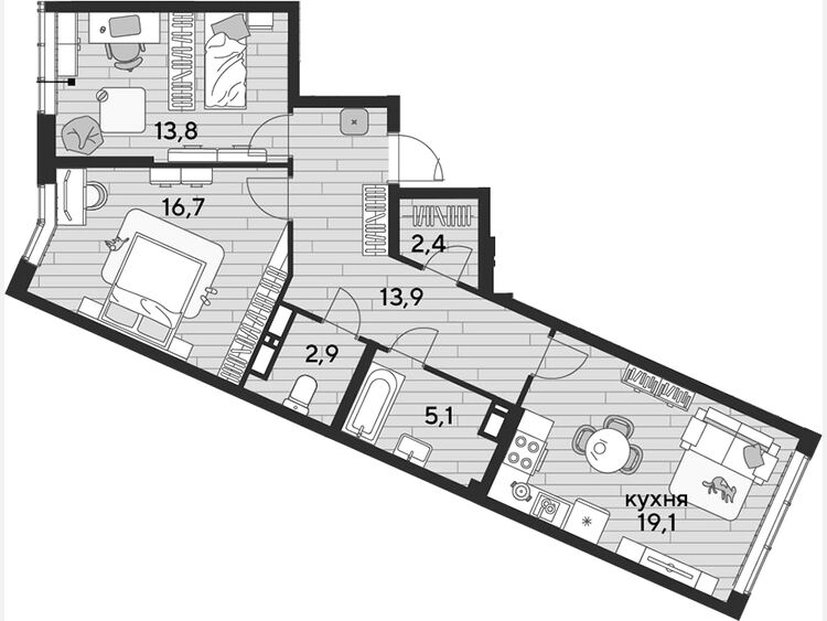 3-комнатная квартира, 73.90 м², 18/19 этаж фото 0