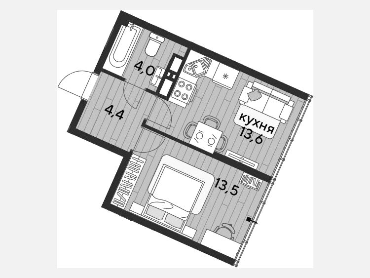 1-комнатная квартира, 35.50 м², 19/19 этаж фото 0