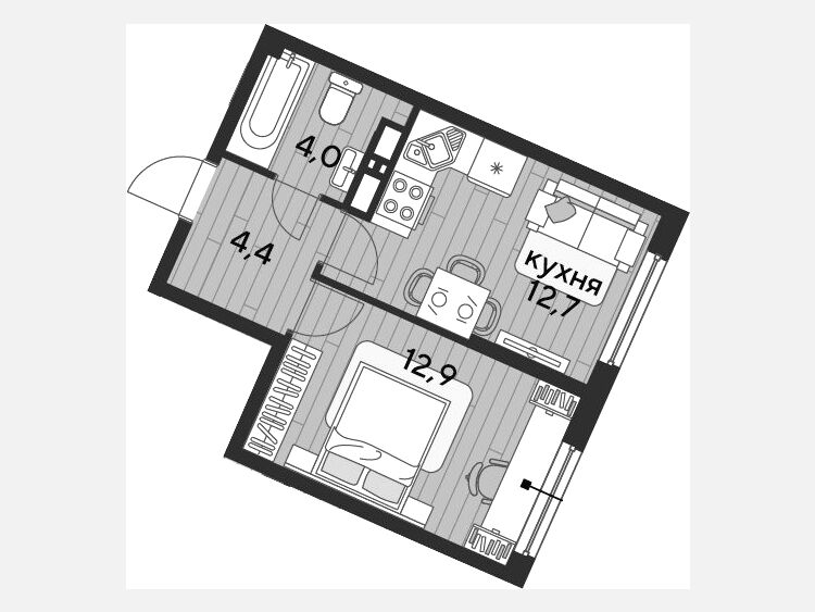 1-комнатная квартира, 34 м², 15/19 этаж фото 0