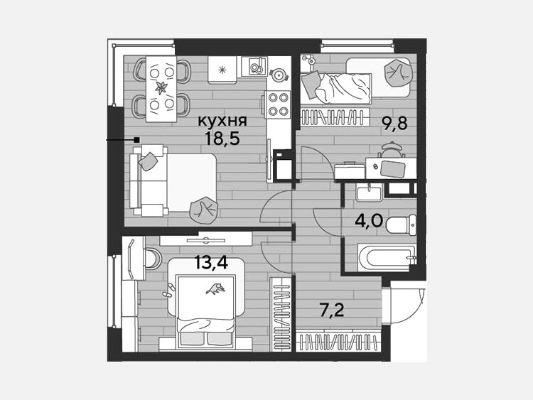 3-комнатная квартира, 52.90 м², 10/19 этаж фото 0