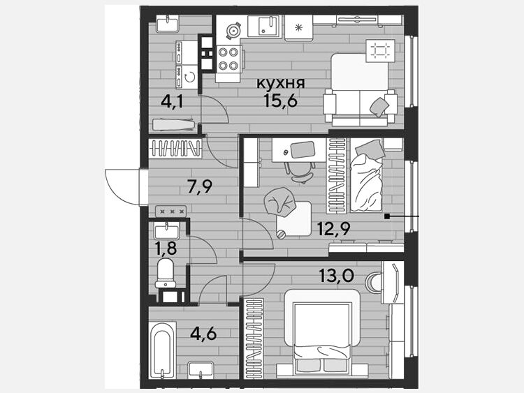 3-комнатная квартира, 59.90 м², 11/19 этаж фото 0