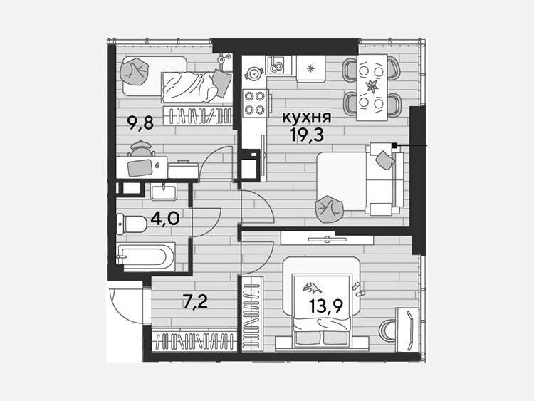 3-комнатная квартира, 54.80 м², 19/19 этаж фото 0