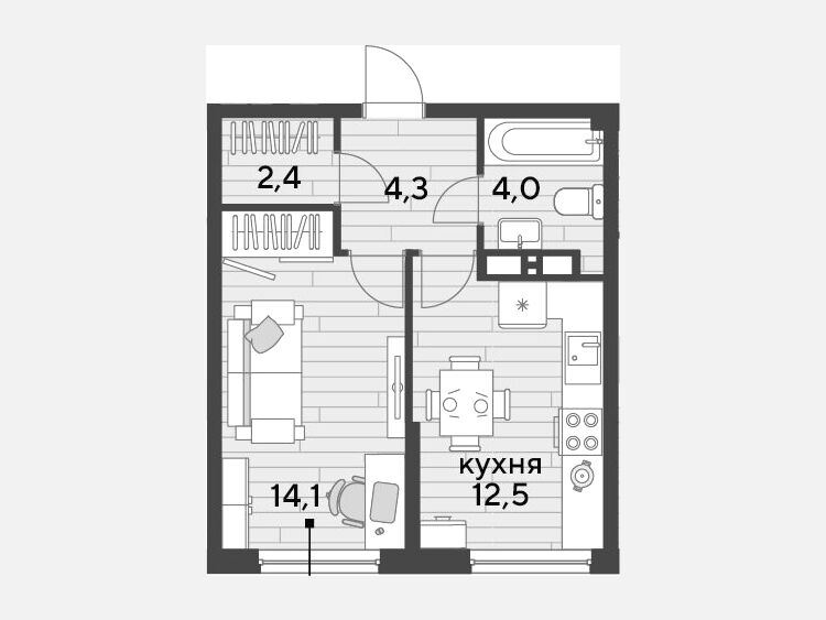 1-комнатная квартира, 37.30 м², 14/19 этаж фото 0