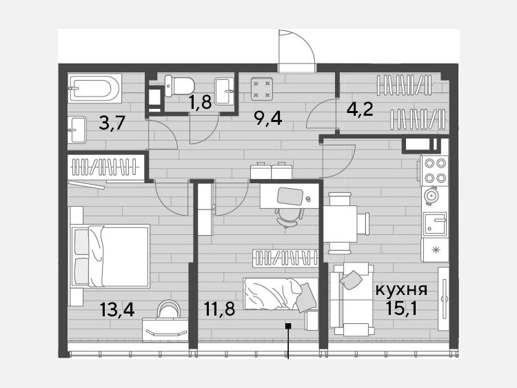 3-комнатная квартира, 59.40 м², 18/19 этаж фото 0