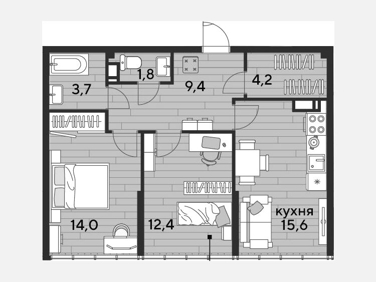 3-комнатная квартира, 61.10 м², 19/19 этаж фото 0