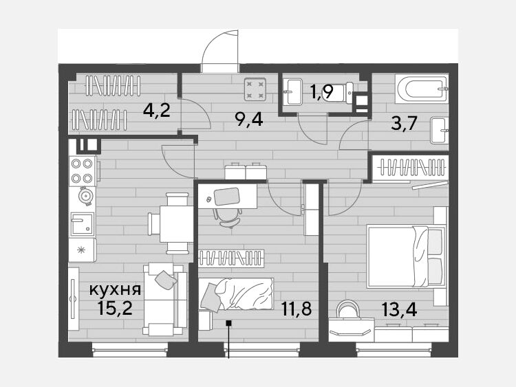 3-комнатная квартира, 59.60 м², 8/19 этаж фото 0