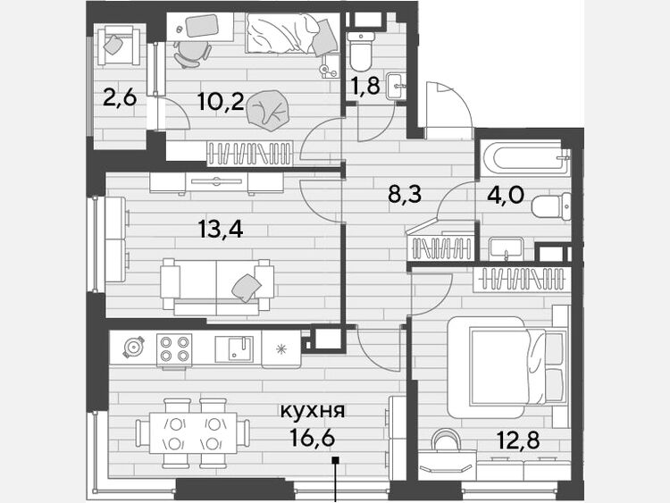 4-комнатная квартира, 67.10 м², 17/19 этаж фото 0