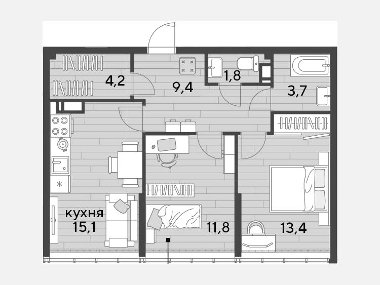 3-комнатная квартира, 59.40 м², 18/19 этаж фото 0