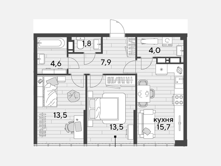 3-комнатная квартира, 61 м², 16/16 этаж фото 0