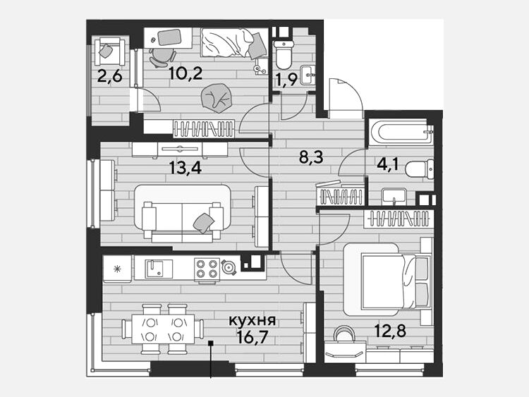 4-комнатная квартира, 67.40 м², 9/16 этаж фото 0