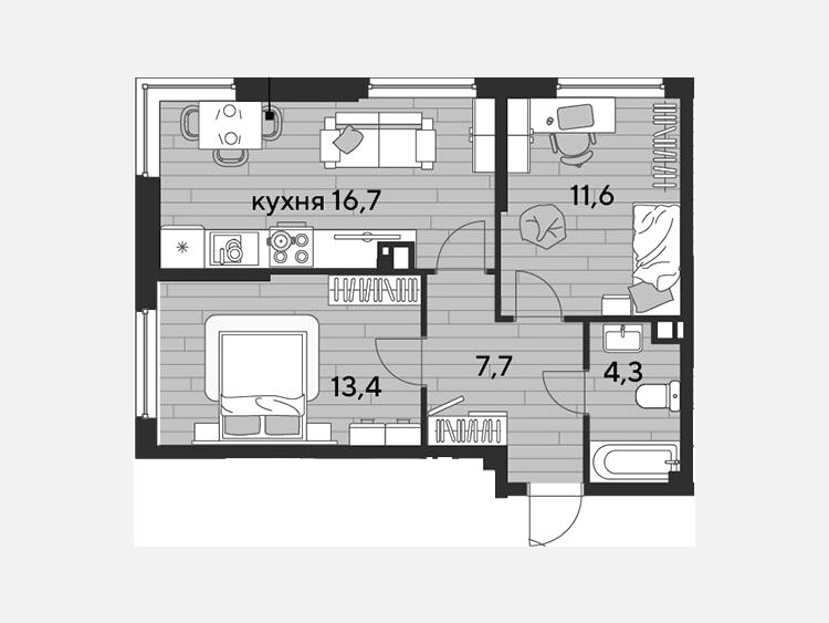 3-комнатная квартира, 53.70 м², 6/16 этаж фото 0