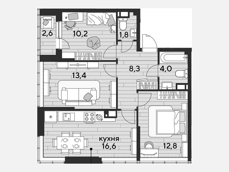4-комнатная квартира, 67.10 м², 15/16 этаж фото 0