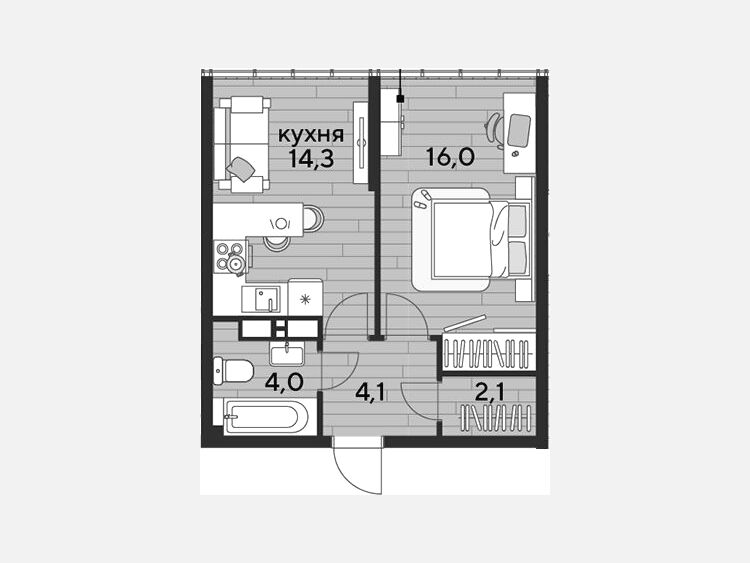 1-комнатная квартира, 40.50 м², 16/16 этаж фото 0