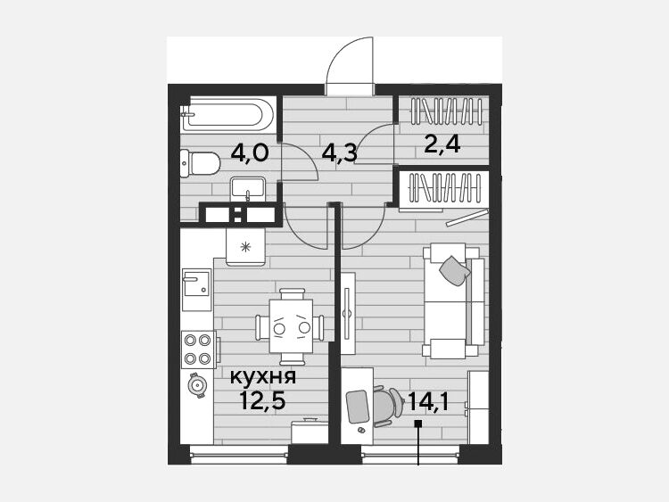 1-комнатная квартира, 37.30 м², 14/16 этаж фото 0