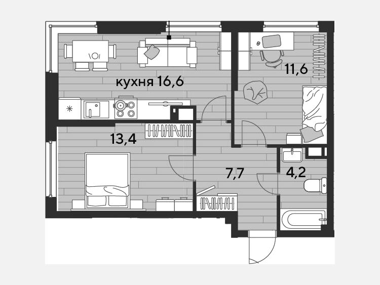 3-комнатная квартира, 53.50 м², 12/16 этаж фото 0