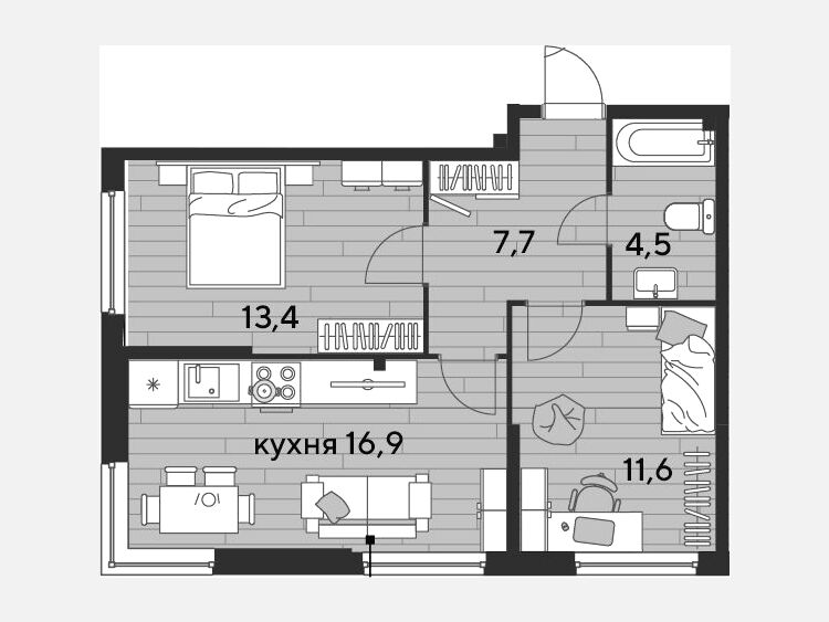 3-комнатная квартира, 54.10 м², 2/19 этаж фото 0