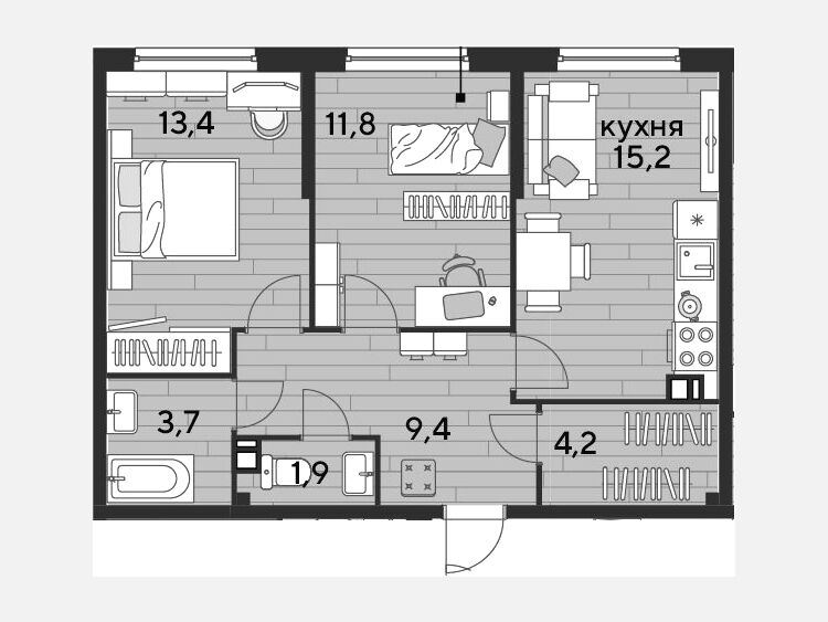 3-комнатная квартира, 59.60 м², 3/19 этаж фото 0