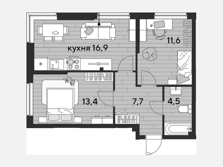 3-комнатная квартира, 54.10 м², 2/16 этаж фото 0
