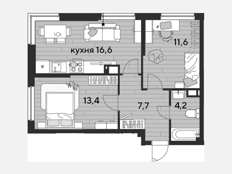 3-комнатная квартира, 53.50 м², 14/16 этаж фото 0