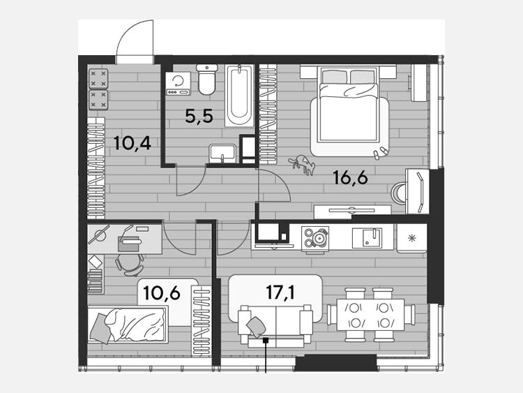 3-комнатная квартира, 60.20 м², 15/16 этаж фото 0