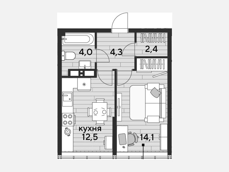 1-комнатная квартира, 37.30 м², 15/16 этаж фото 0
