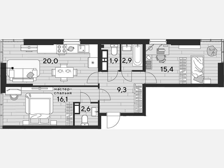 3-комнатная квартира, 68.10 м², 16/16 этаж фото 0