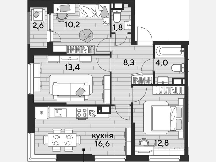 4-комнатная квартира, 67.10 м², 14/16 этаж фото 0