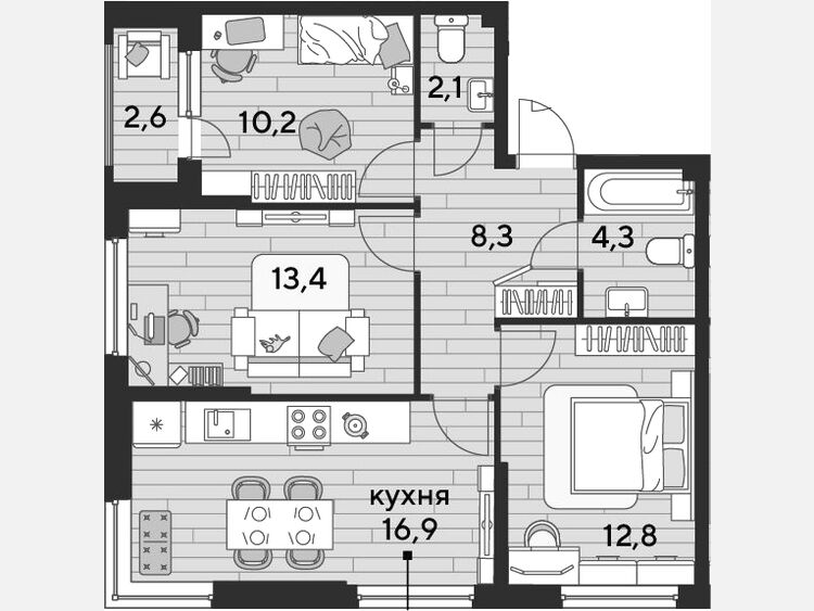 4-комнатная квартира, 68 м², 2/16 этаж фото 0