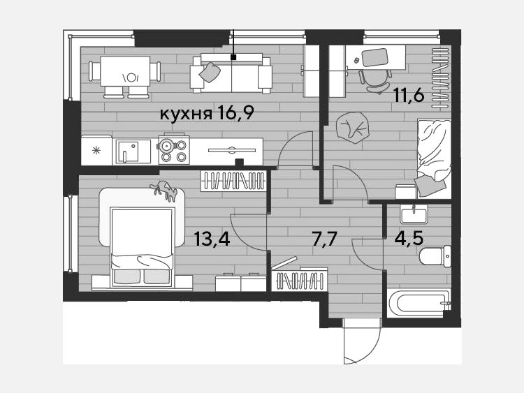 3-комнатная квартира, 54.10 м², 2/16 этаж фото 0