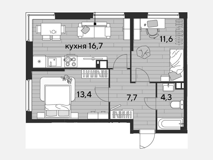3-комнатная квартира, 53.70 м², 7/16 этаж фото 0