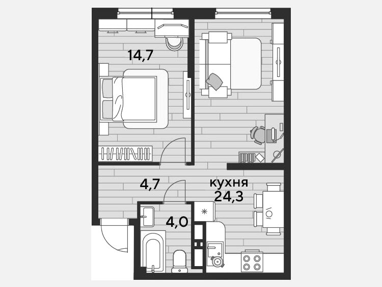 2-комнатная квартира, 47.70 м², 14/16 этаж фото 0