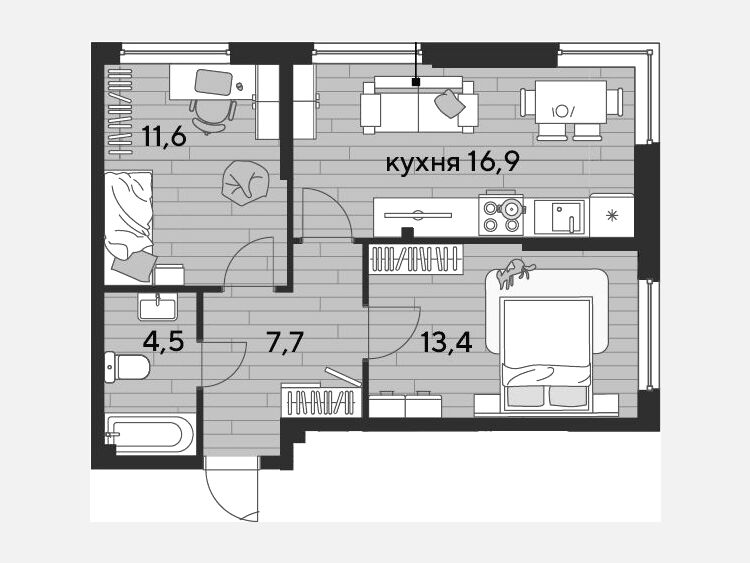 3-комнатная квартира, 54.10 м², 2/16 этаж фото 0