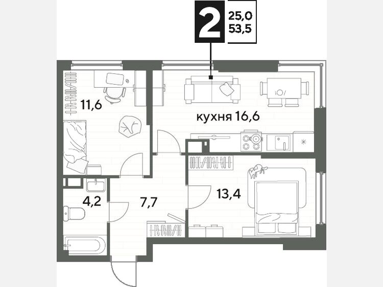 3-комнатная квартира, 53.50 м², 13/16 этаж фото 0