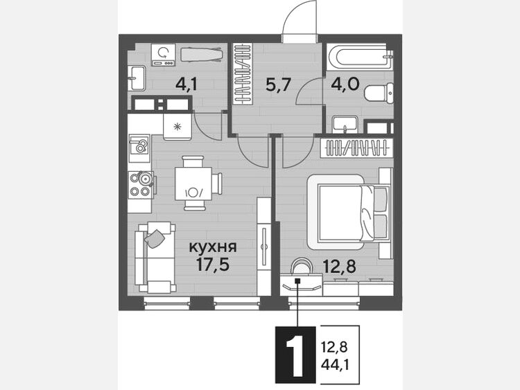 2-комнатная квартира, 44.10 м², 14/16 этаж фото 0