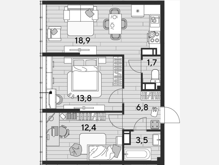 3-комнатная квартира, 57 м², 13/16 этаж фото 0