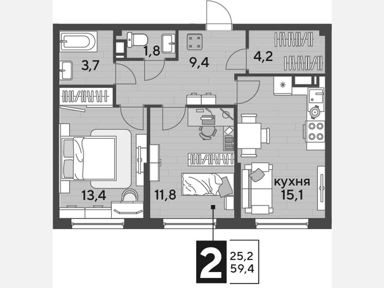 3-комнатная квартира, 59.40 м², 11/16 этаж фото 0